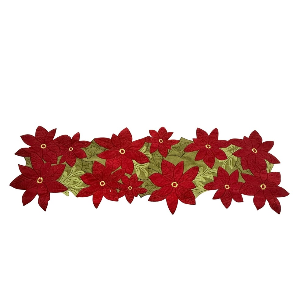 JCP Home Poinsettia Table Runner Red Green Felt Appliqué Christmas Holiday Decor